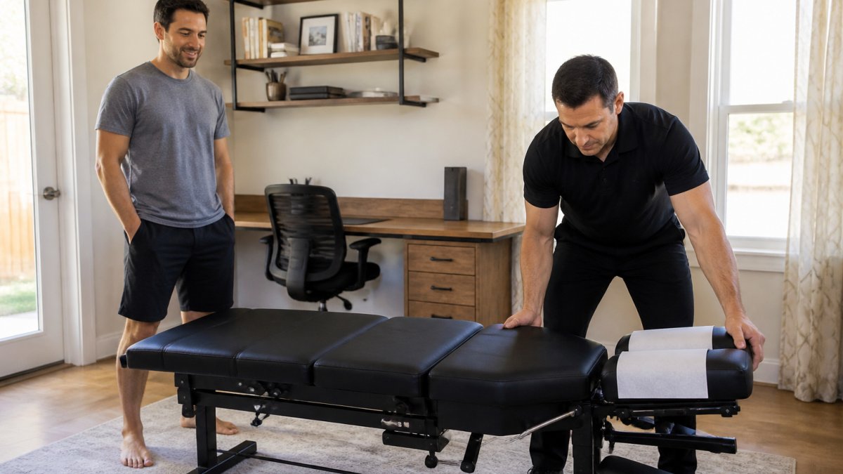 A chiropractor with a portable treatment table setting up in a bright home office while a patient in casual clothes watches, laptop and desk visible in the background