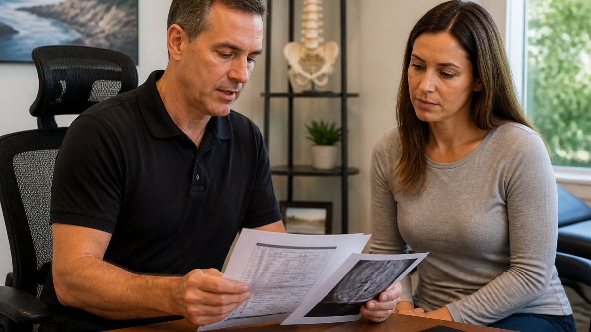 A chiropractor in a bright treatment room reviewing a printed MRI report and intake form with a seated adult patient, both looking at the paperwork on a desk
