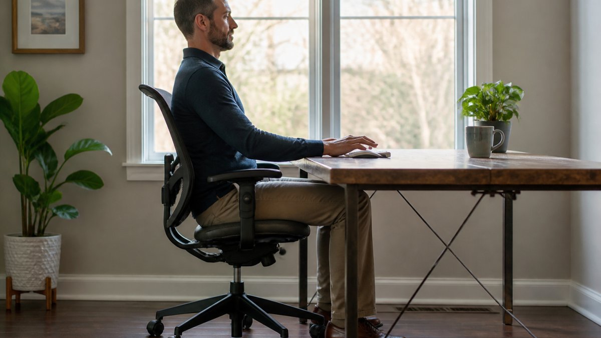 Professional demonstrating proper ergonomic posture at desk with shoulders relaxed, feet flat on floor, and neutral spine alignment in well-lit office environment